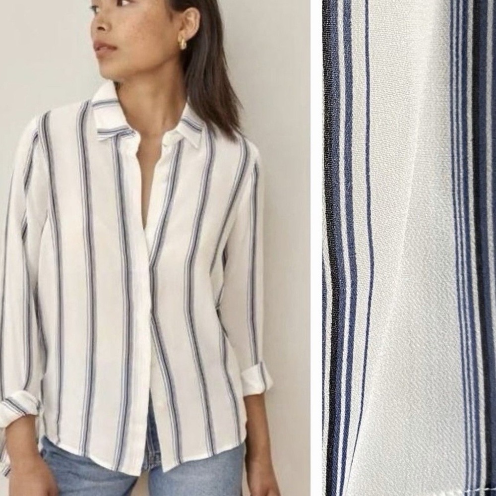 Reformation Sz XL Violet Blouse Lyon Stripe Navy White Button‎ Down Top Career